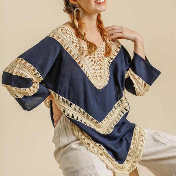 Umgee Long Sleeve Crochet Top Navy Blue - Picture 2 of 3
